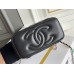 Chanel Vanity Makeup pouch 23A Black with pink interior, handle, Camellia adjustable buckle, lambskin, 17x10x8cm.