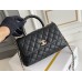 Chanel 23A Coco Handle, small size 24cm flap bag, black, with stitched edges, champagne gold hardware, caviar leather, Hass Factory leather, 24x14x10cm