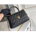 Chanel 23P Coco Handle, small size 24cm flap bag, black, with stitched edges, gold-tone hardware, caviar leather, Hass Factory leather, 24x14x10cm