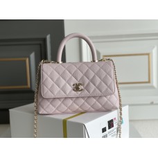 Chanel Coco Handle, small size 24cm flap bag, pink, with stitched edges, champagne gold hardware, caviar leather, Hass Factory leather, 24x14x10cm