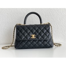 Chanel Classic Coco Handle, small size 24cm flap bag, black lizard skin handle, champagne gold hardware, with stitched edges, caviar leather, Hass Factory leather, 24x14x10cm