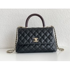 Chanel Classic Coco Handle, small size 24cm flap bag, red lizard skin handle, black caviar leather, champagne gold hardware, without stitched edges, Hass Factory leather, 24x14x10cm