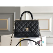 Chanel Classic Coco Handle Mini, 19cm flap bag, black lizard skin handle, black caviar leather, champagne gold hardware, without stitched edges, Hass Factory leather, 13x19x9cm