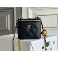 Chanel Vanity Case with Lipstick Holder, Gold Hardware, Gold Ball, Black with Gold Hardware, Mini 11, Lambskin Leather, Hass Factory Leather, Dimensions: 9x11x7cm.