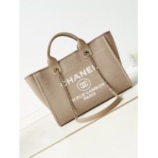 Chanel Beach Bag in Camel Color with White Letters, 33cm.