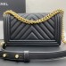 Chanel Le Boy Bag 67086, Medium 25, Calfskin Leather, Vertical Quilted, Black with Gold Hardware, 25cm.