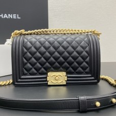 Chanel Le Boy Bag, Medium 25, Calfskin Leather, Black with Gold Hardware, 25cm.