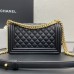 Chanel Le Boy Bag, Medium 25, Calfskin Leather, Black with Gold Hardware, 25cm.