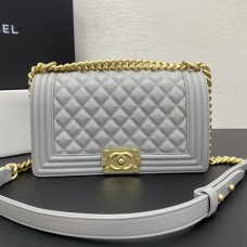 Chanel Le Boy Bag, Medium 25, Caviar Leather, Gray with Gold Hardware, 25cm.