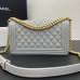 Chanel Le Boy Bag, Medium 25, Caviar Leather, Gray with Gold Hardware, 25cm.