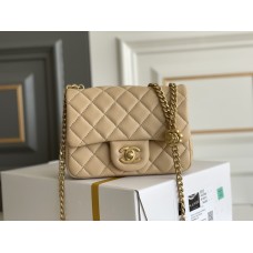 Chanel Classic Flap bag Mini 17 Apricot Gold Hardware Camellia Clasp Lambskin Hass Factory leather 14x17x8cm