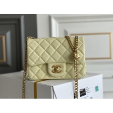 Chanel Classic Flap bag Mini 17 Light Yellow Gold Hardware Camellia Clasp Lambskin Hass Factory leather 14x17x8cm