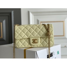 Chanel Classic Flap bag Mini 20 Light Yellow Gold Hardware Camellia Clasp Lambskin Hass Factory leather 13x20x6cm