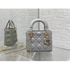 Lady Dior Mini Bag, 17, Grey Lambskin, Champagne Gold Hardware, Size: 17cm