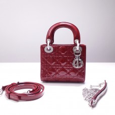 Lady Dior Mini 17cm, Three Blocks, Patent Leather, Red, Silver Hardware