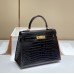 Hermes Hermès Kelly 28 Crocodile Skin Pattern Gold Hardware Black Hand-Stitched